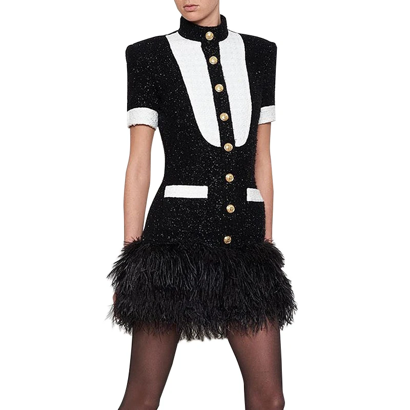 

New 2019 Runway Designer Women's Short Sleeve Black White Color Block Lion Buttons Ball Gown Hem Feather Embellished Tweed Dress