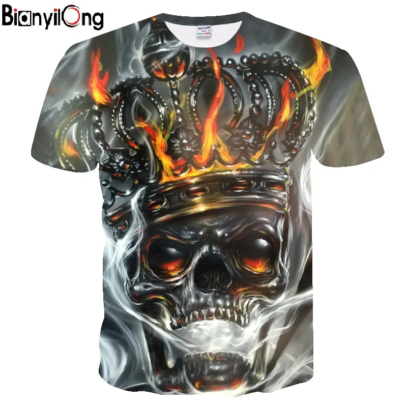

BIANYILONG 2018 NEW T-shirt Men Skull T Shirt Metal crown Skull Print Tshirt Printed Mens Tops Cotton Tees Black Clothes Retro