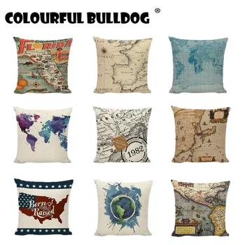 

Mediterranean Nautical Cushion Covers World Map Programing Pillowcases Linen Pillow Cases Home Decoration For Couch Beauty Chair