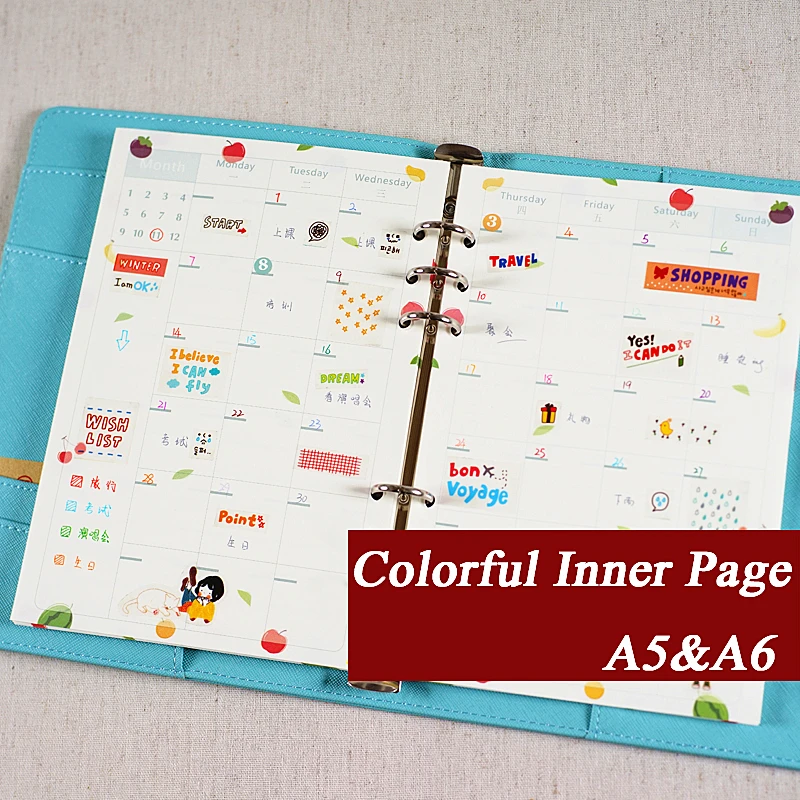 Kawaii roztomilý květ barevné Refiller papír měsíční týdenní seznam úkolů Gird Kraft vnitřní strana pro Binder Notebook odpovídající Filofax