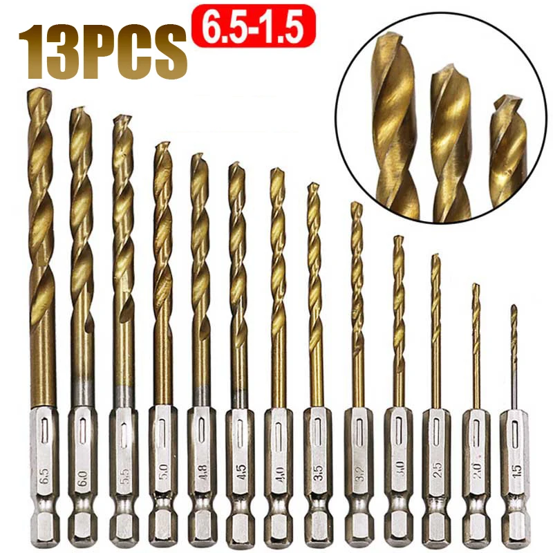 

13Pcs/Set HSS High Speed Steel Titanium Coated Drill Bit Set 1/4 Hex Shank 1.5-6.5mm Screwdriver Twist Drill Bit