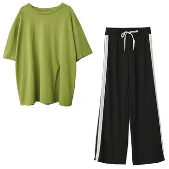 

Women 2 PCS Set Autumn Long Style Split T-shirt Side Striped Wide Leg Pants Suits Casual Female O-Neck Tops