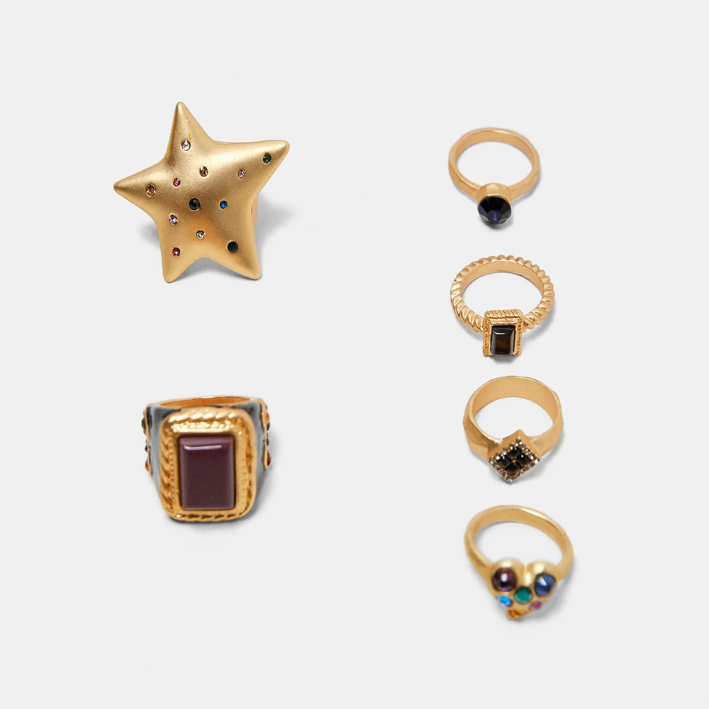 

Girlgo New ZA Maxi Star Rings Set For Women Christmas Gift Gold Color Metal Statement Rings Bohemia Rhonestone Finger Jewelry