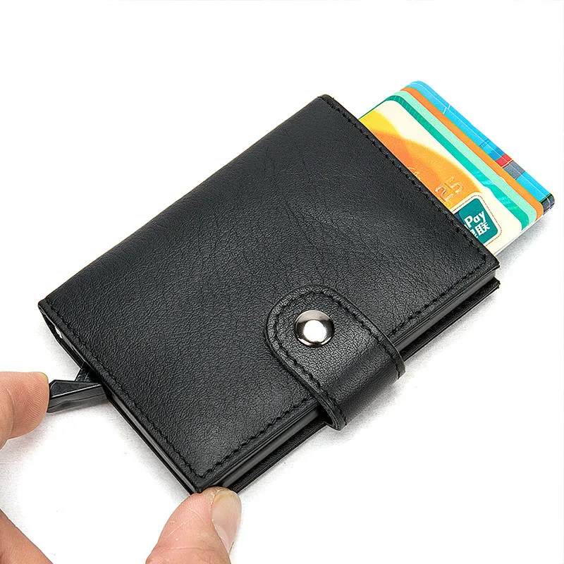 

Genuine Leather alloy card box wallet RFID anti-magnetic function Automatic popup Card Holder ID Credit Men's Small Thin Mini