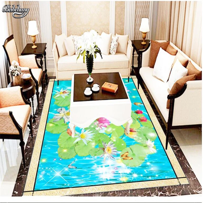 beibehang Stereo beautiful lotus pond floor custom large fresco pvc wear resistant waterproof floor papel de parede para quarto cabide de parede rack roupas de madeira cabide redondo ganchos decoração da parede ganchos de toalha sala estar quarto