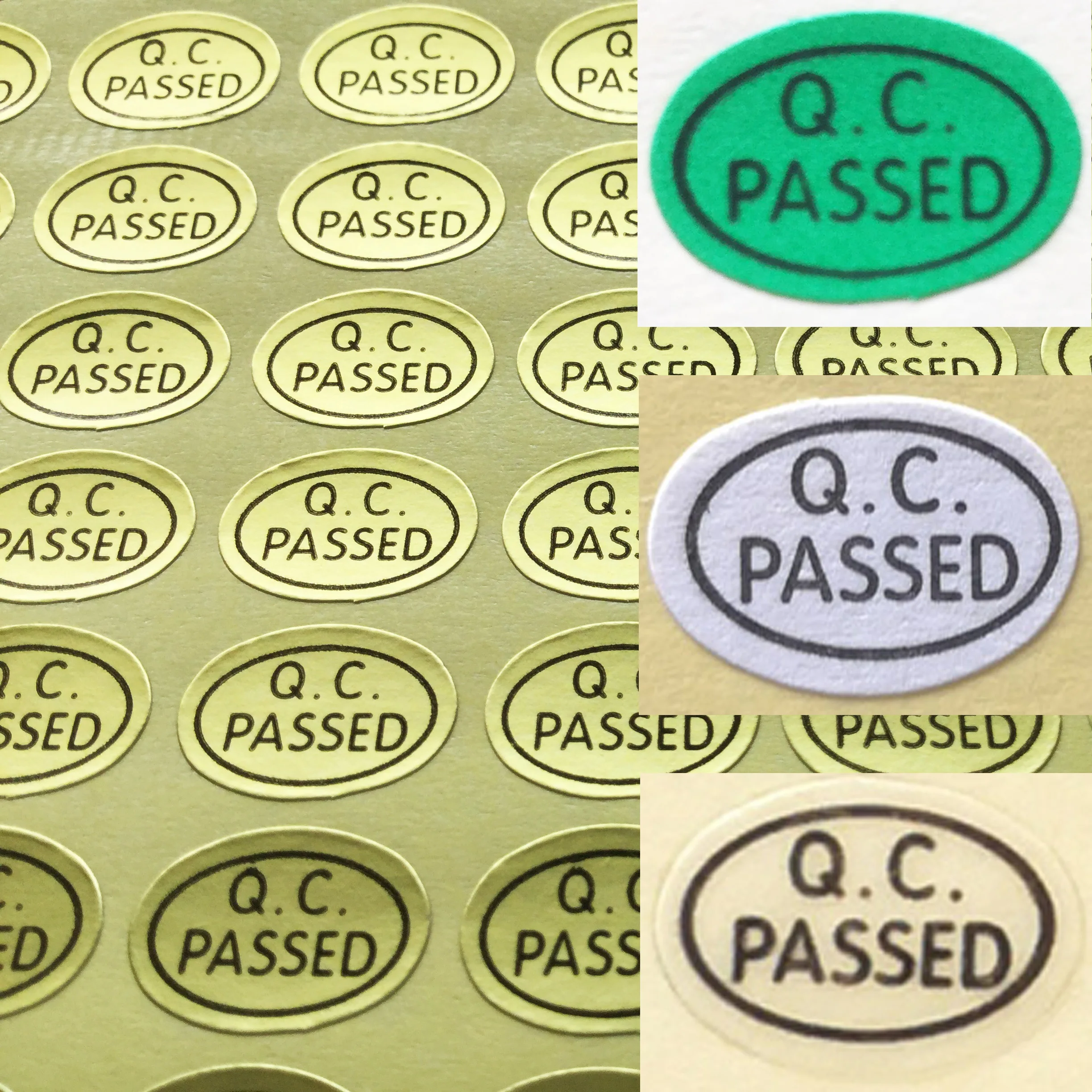 

54000pcs 13x9mm QC PASSED Self-adhesive label sticker for quality control, Oval shape gold green or clear, Item No.FA02