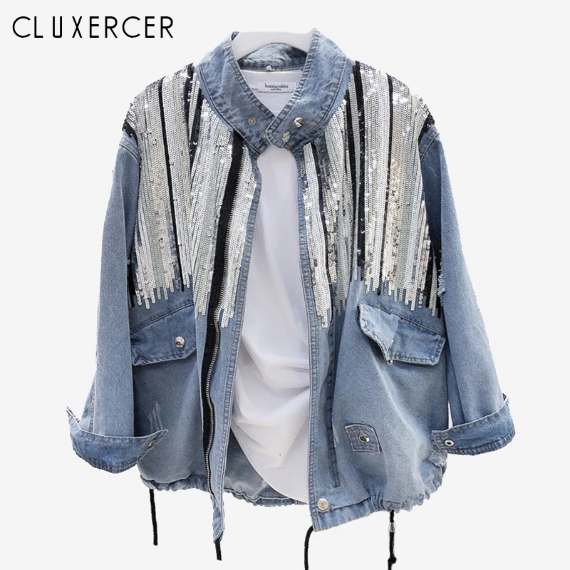 2019 جديد جاكيتات للنساء كوريا نمط طويل الأكمام الترتر جان سترة عارضة فضفاض الدائمة طوق الربيع الخريف الدنيم سترة