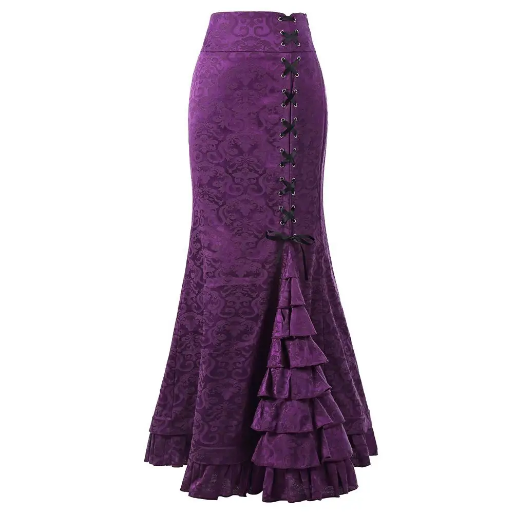 Новое Женское платье Сексуальная Готическая винтажная длинная юбка-Русалка цветочный принт Ruffe кружевная макси юбка облегающая тонкая элегантная длинная юбка - Цвет: Purple