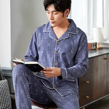 

New Autumn 100%Cotton Long Sleeve Men's Homewear Clothing Turn-down Collar Cardigan Leisure Big Size L-XXXL Men's Pajamas Sets