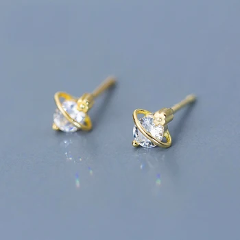 

MloveAcc Shining Clear CZ Stud Earrings Women Genuine 925 Sterling Silver Space Saturn Star Earrings for Girls Kids Gift