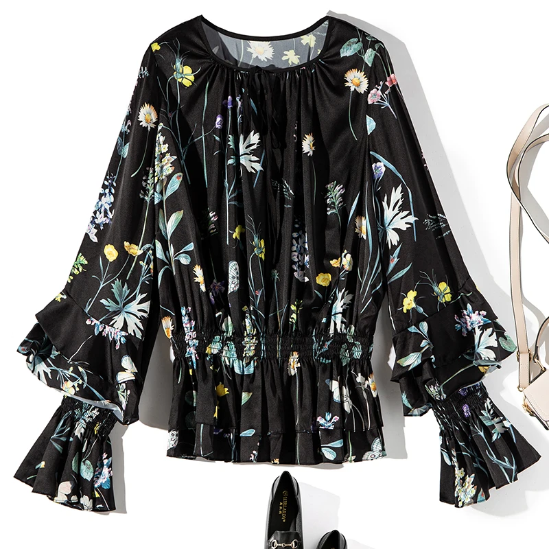 Rond Floral Conçu Noir Femme Imprimée Femmes Hauts Nouvelle Taille Elastique Blouse Manches C243 Col Évasée Chemise qPnIp7