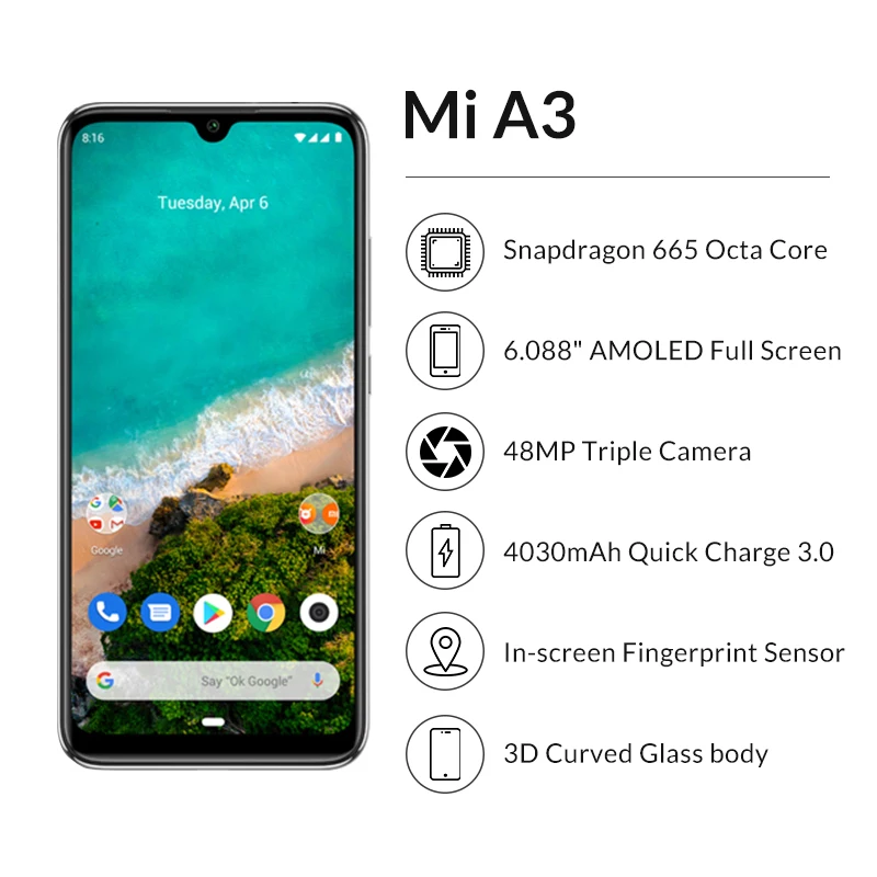Новое поступление Xiaomi Mi A3 6,08" AMOLED 4GB 64GB 48MP Смартфон Snapdragon 665 Восьмиядерный экран отпечаток пальца 4030mAh мобильный телефон