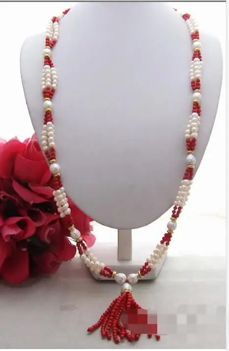 

Beautiful 34" 11mm white Bead-Nucleated Pearl& red Coral Necklace