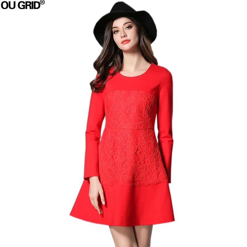 Women Spring Dress 2018 New Fashion Elegant Red A line Patchwork Lace