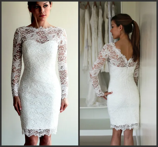 Full Lace Short Wedding Dresses With Long Sleeves V Back Straight Full Lace Short Wedding Dresses With Long Sleeves V Back Straight Sheath Beach Bridal Weddign Gowns
