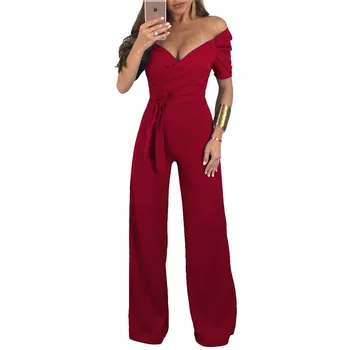 

Off The Shoulder Elegant Jumpsuits Women Summer Sexy Overalls Long Rompers Playsuits Party Clubwear Wide Leg Jumpsuit with Sash