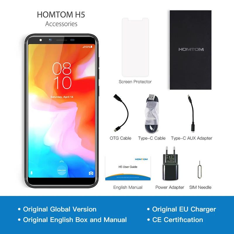 Original Global Version HOMTOM H5 3GB RAM 32GB ROM Quad Core Mobile Phone 5.7 inch GPS Fingerprint Face ID 4G FDD-LTE Smartphone