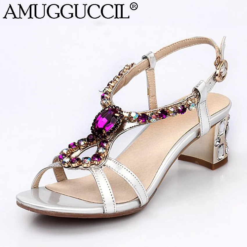 2018 New Genuine Leather Rhinestone Gold Silver Buckle Fashion Mid Heel Summer Shoes Girl Female 