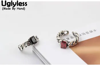 

Uglyless Real S925 Sterling Silver Women Rectangle Red Crystal Rings Fashion Twisted Chain Opening Ring Punk Style Retro Jewelry