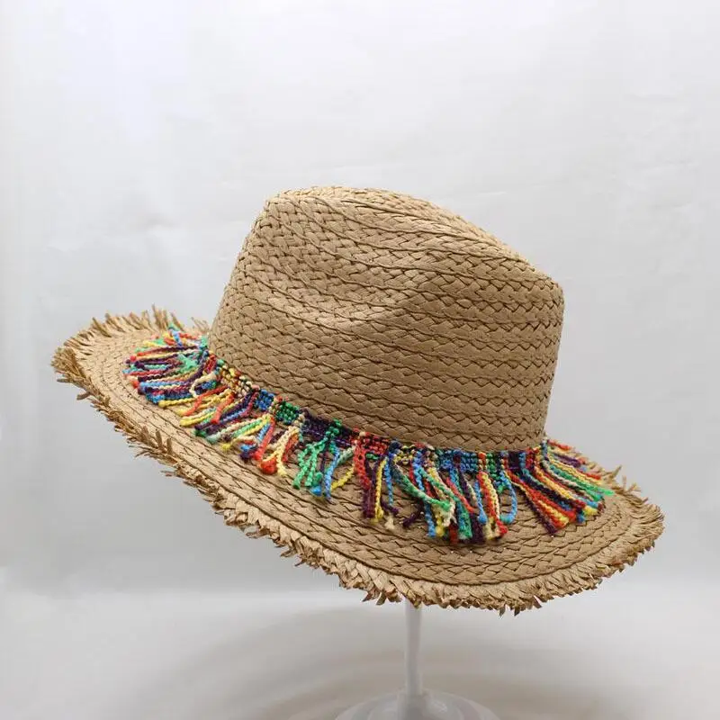 Панама Sombrero Raffia шляпы от солнца для женщин кепки ручной работы Полосатый кисточкой волос мяч Рафаэль соломенная шляпа пляж джаз шляпа женская