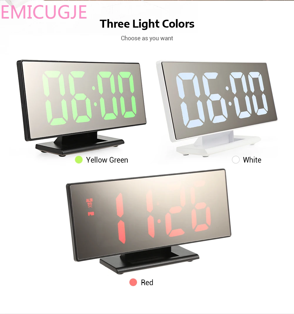 Mesa de escritorio electrónica reloj Digital espejo reloj de superficie con gran pantalla LED puerto USB para dormitorio