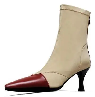 

Drop Shipping Spring New Brand Woman Beige Black Burgundy Patchwork Zip Back Square Toe Elastic Socks Short Mid-calf Boots