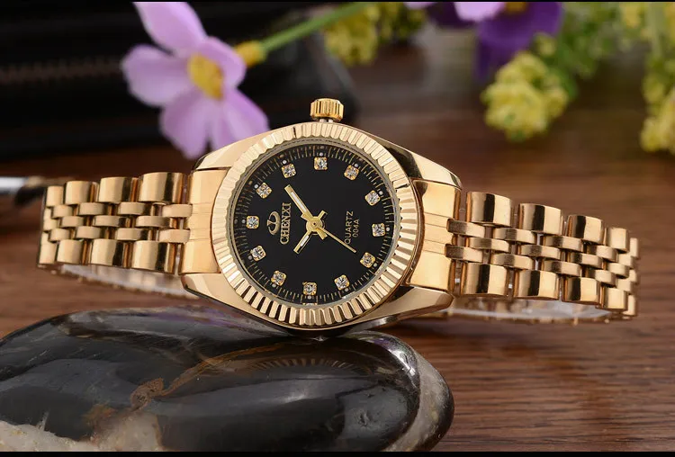 CHENXI брендовые роскошные женские золотые часы, женские золотые часы, женское платье, стразы, Кварцевые водонепроницаемые женские часы - Цвет: Black Dial