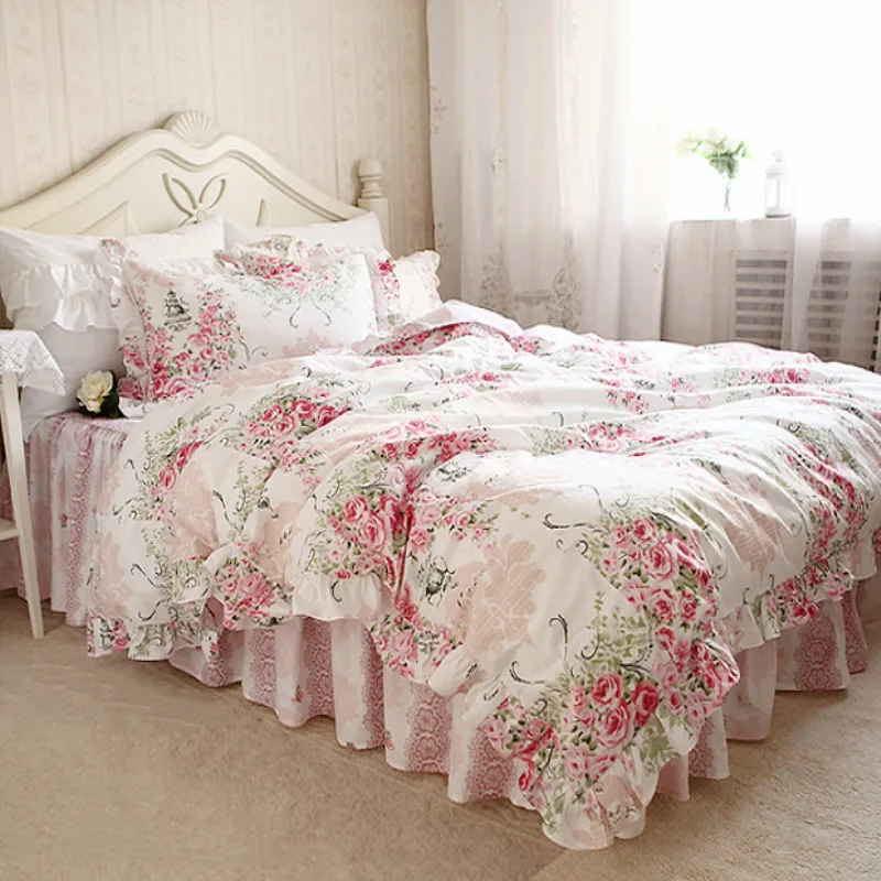 Садовый Комплект постельного белья принцессы, элегантное постельное белье с цветочным принтом, пододеяльник с оборками, качественная юбка для кровати, кружевное декоративное постельное белье, простыня