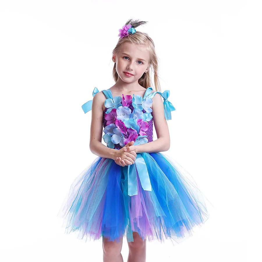 Girls Princess Peacock Flower Tutu Dress Children Handmade Purple and Blue Tulle (7)
