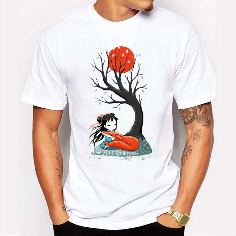 

New fashion Men customized t-shirt Girl and a Fox cartoon printed male t shirts short sleeve o-neck casual tops funny cool tee