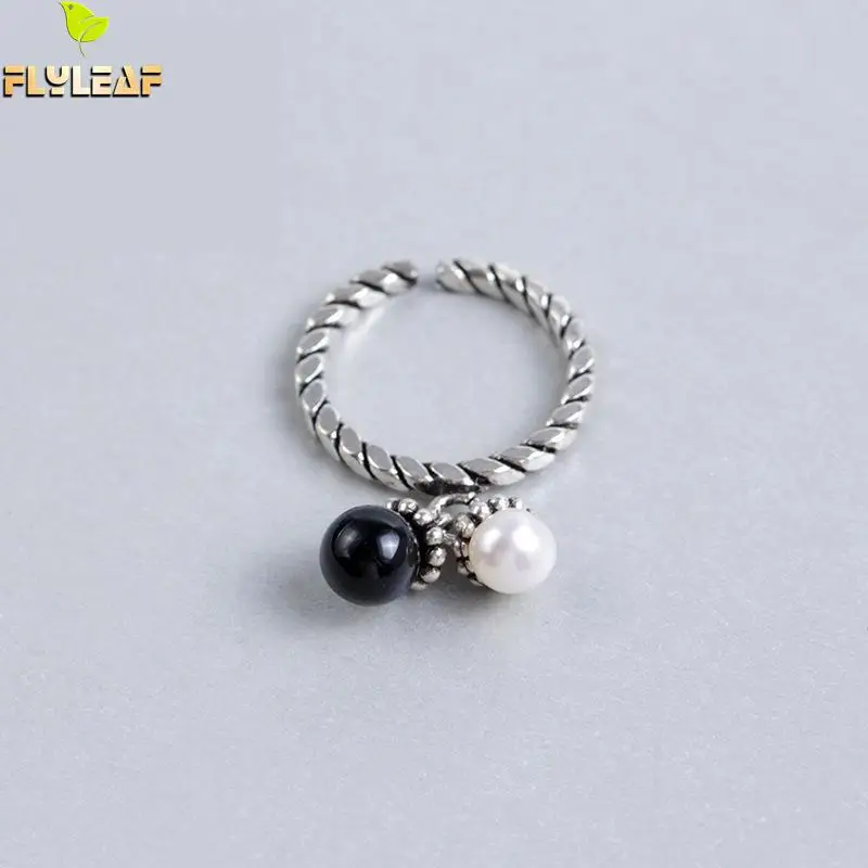 

Flyleaf 100% 925 Sterling Silver Rings For Women Round Obsidian Pearls Beads Fashion Fine Jewelry Simple Open Ring Vintage