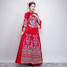 Traditional Chinese Wedding Dress Woman Long Modern Cheongsam Vintage Qipao Red Oriental Party Dresses Wholesale Robe Rouge