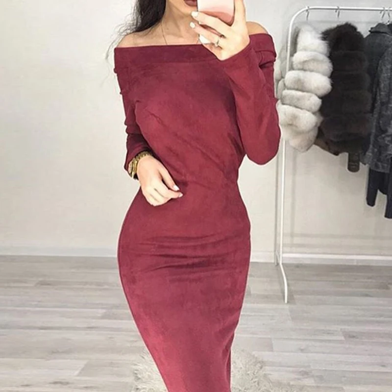 2018 Sexy Bodycon Off Shoulder Autumn Winter Women Dress Female Womens Holiday Party Casual Dresses Femme Solid Color Vestidos