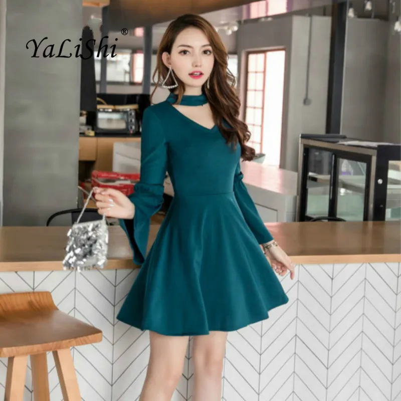 

Plus Size A-line Dress 2018 Women Autumn Blue Black Long Flare Sleeve V-neck Casual Party Short Dress Club Mini Dresses Sukienka