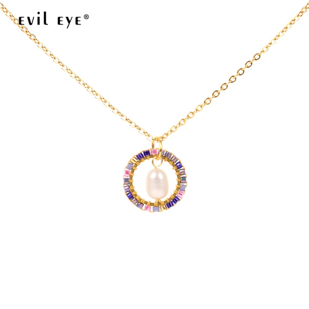 

EVIL EYE Pearl Pendant Necklace Gold Color Plated Stainless Steel Chain Seed Beads Miyuki Necklace 2019 Jewelry for Women LE166