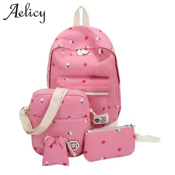 

Aelicy Women Backpack 4 pcs/Set Canvas Printing Backpacks Women Cute Bookbags Teenage Backpacks For Girls mochila feminina D45