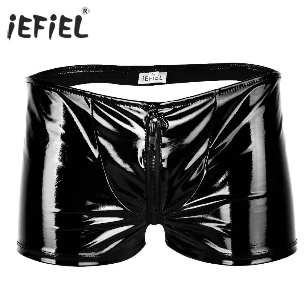 

Men Lingerie Gay Panties Wetlook Patent Leather Zipper Bulge Pouch Jockstraps Open Butt Boxer Shorts Sissy Underwear Underpants