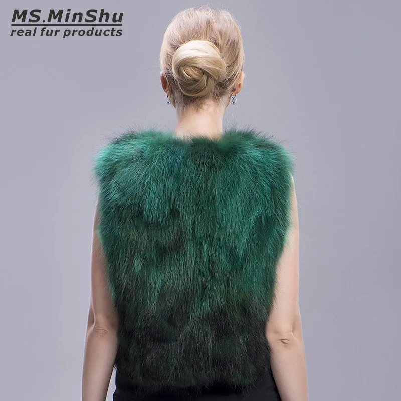 Женский короткий жилет Ms.MinShu из меха енота зеленая зимняя безрукавка лисьего