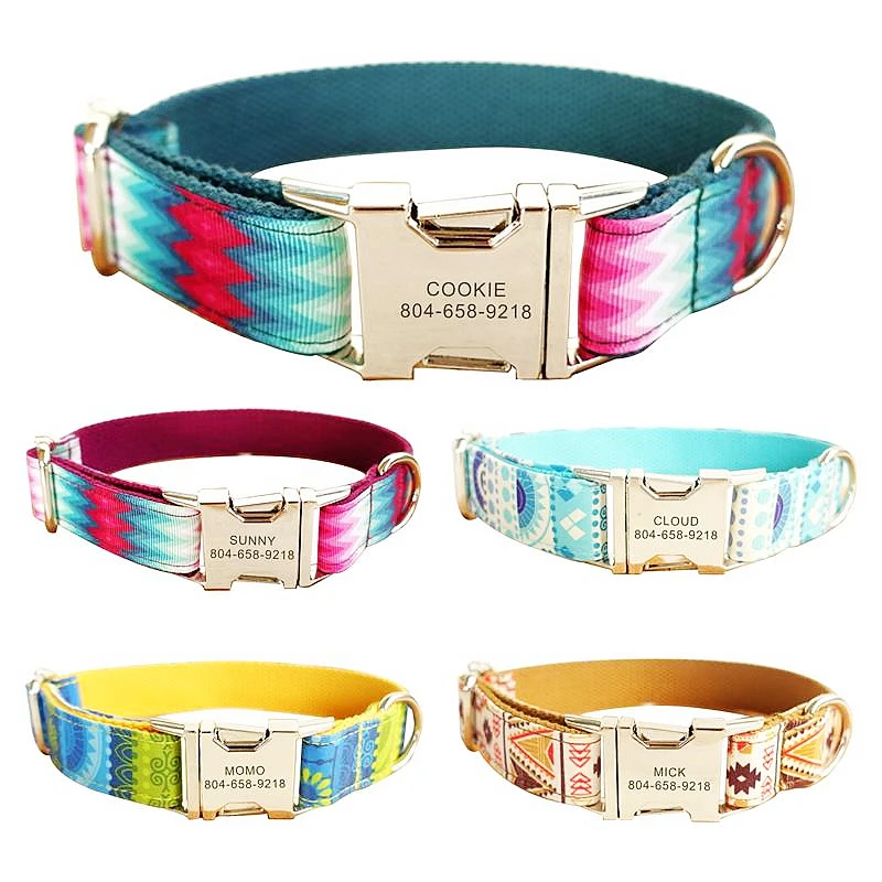 

Prevent the Lost Dog Collar Personalized Custom Plaid Nylon Puppy Cat Name ID Tag Adjustable Basic Collars Learsh Set Pet