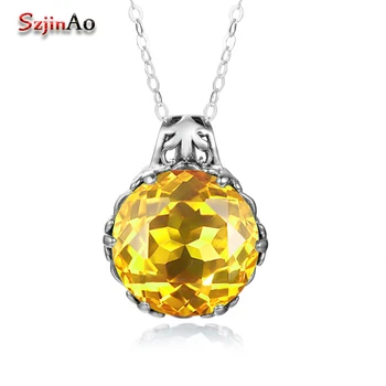 

Szjinao Authentic 925 Sterling Silver Crystal Pendants for Best Friends Round Vintage Yellow Rhinestone Large Fashion Necklaces
