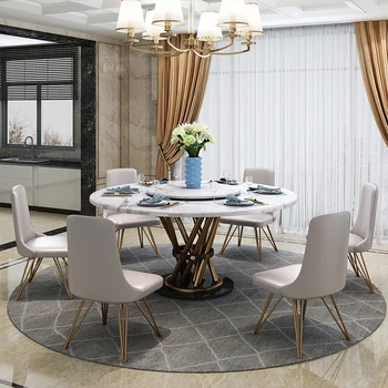 Juego de comedor de acero inoxidable para el hogar, mesa de comedor de mármol moderna, redonda y minimalista, 6 sillas, mesa de jantar, comedor