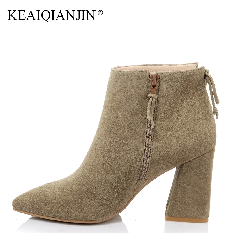 

KEAIQIANJIN Winter Butterfly Knot Martin Boots Woman Black High Heeled Ankle Boots Plus Size 33 41 Genuine Leather Chelsea Boots