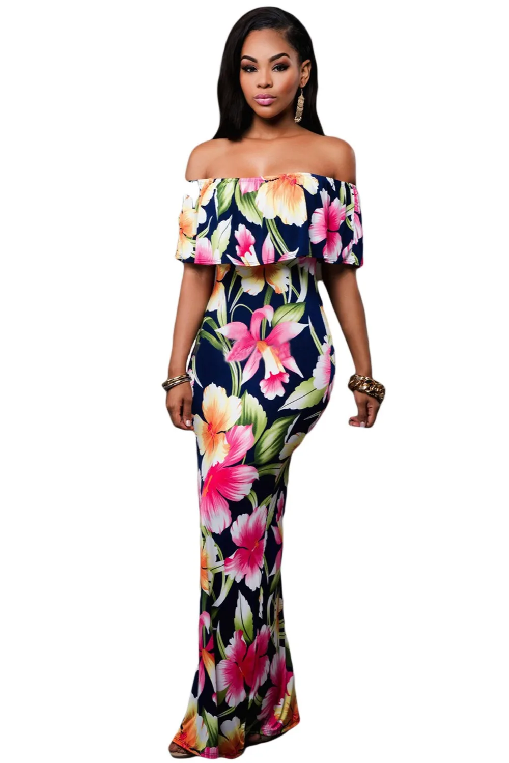 Navy-Blue-Roses-Print-Off-the-shoulder-Maxi-Dress-LC61189-5-1