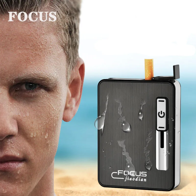 

FOCUS New Moistureproof Cigarette Case Box With Lighter Crush Resistance USB Electronic Lighter Hold 10pcs Cigarette Box For Men