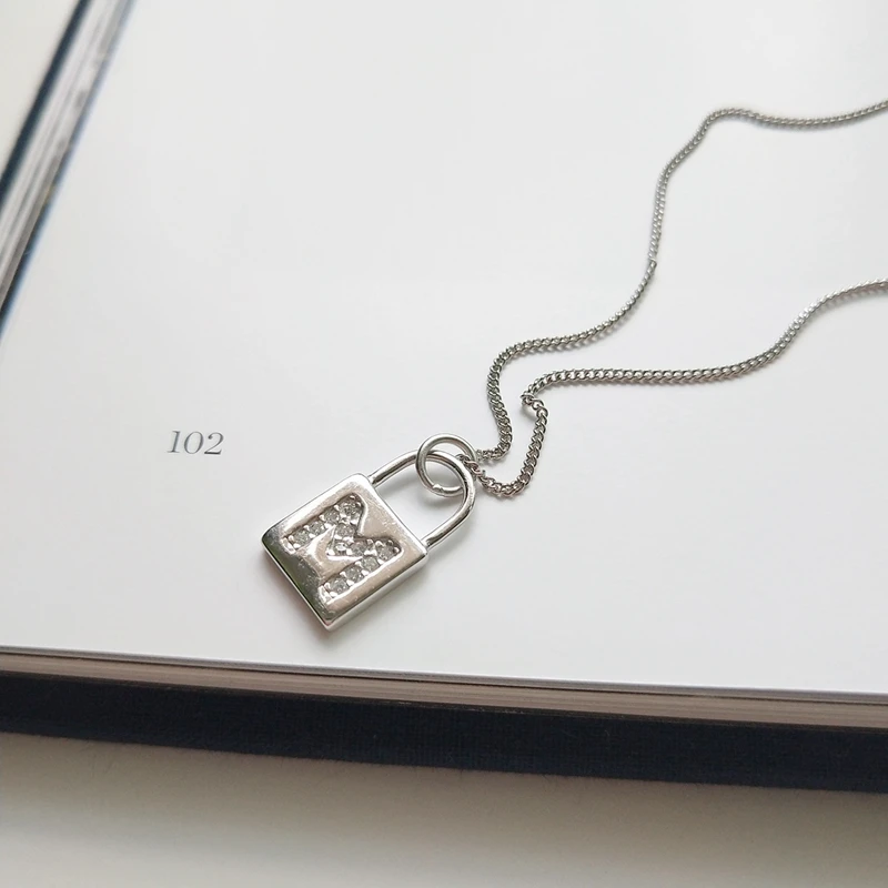 

Sterling 925 silver zircon M lock necklace silver fashion wild zircon M lock letter necklace silver for women lock jewelry charm