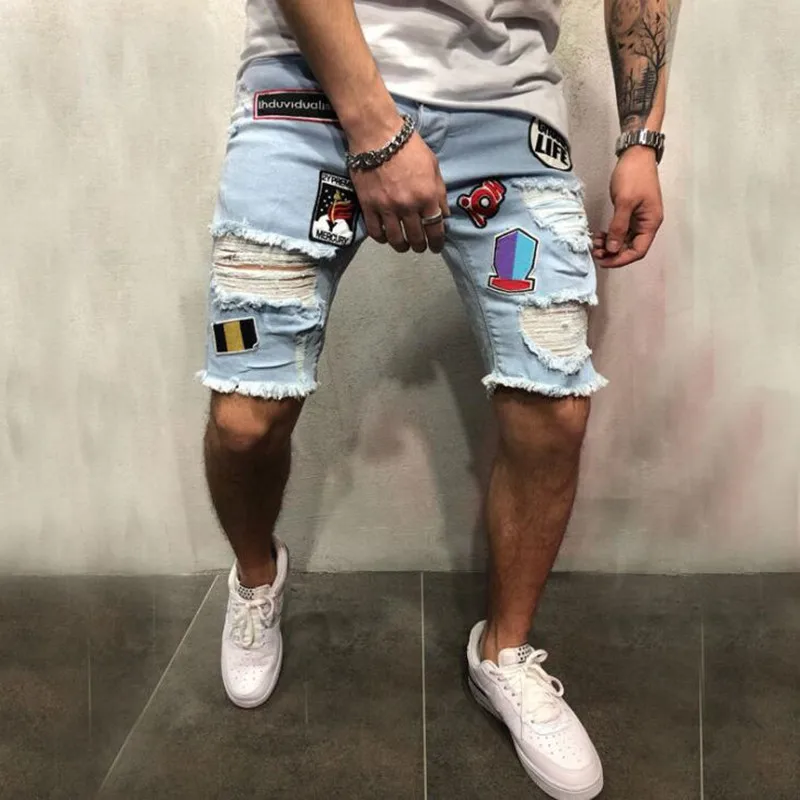 Мужская одежда модные высокие уличные хип хоп отверстия патчи для отдыха патчи нищие эластичные джинсовые шорты Мужская мода S-4XXL