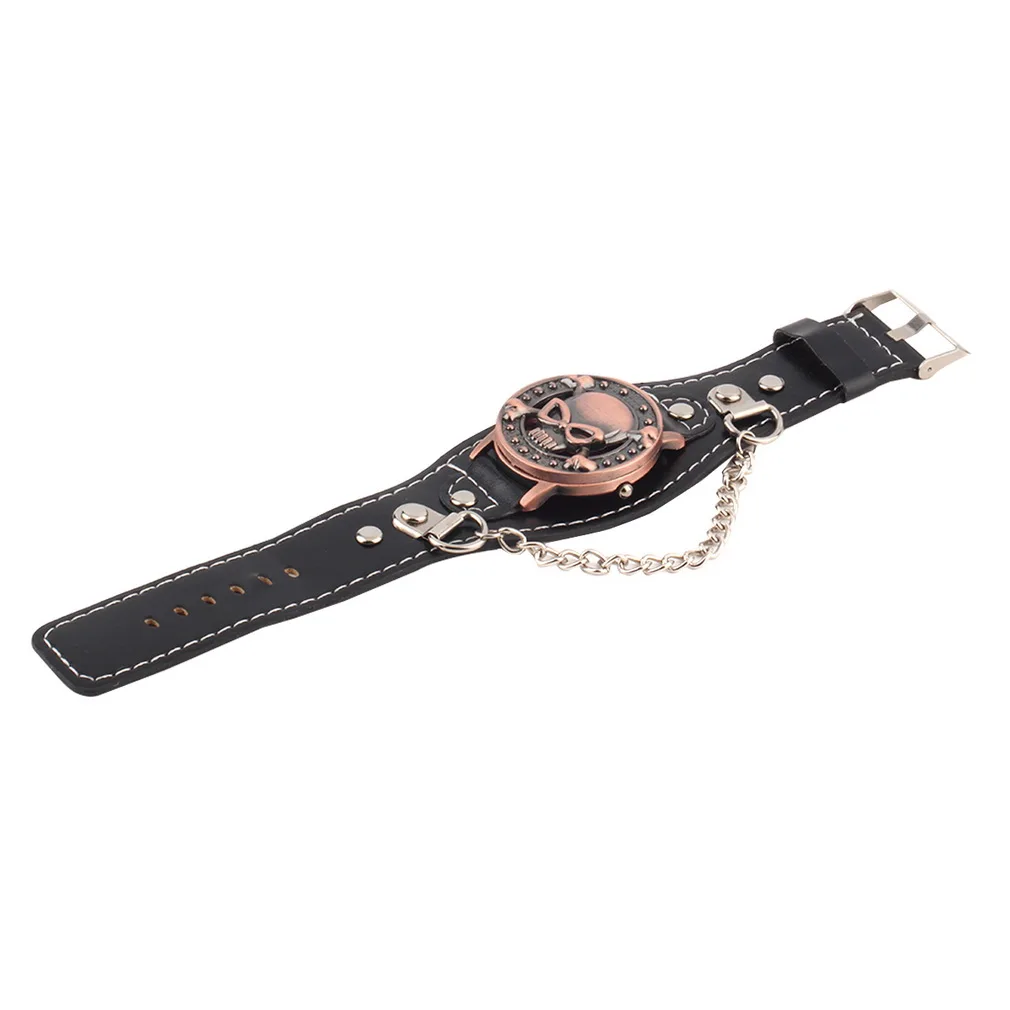 Чехол с черепом кварцевые часы для мужчин и женщин браслет из искусственной кожи браслет Байкер металлический Relogio Masculino широкий ремешок