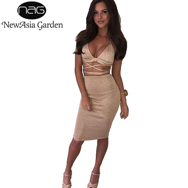 Newasia Garden Two Piece Set Y Sparkly Metallic Bodycon Dresses Newasia Garden Two Piece Set Y Sparkly Metallic Bodycon Dresses Halter Deep V Neck Lace