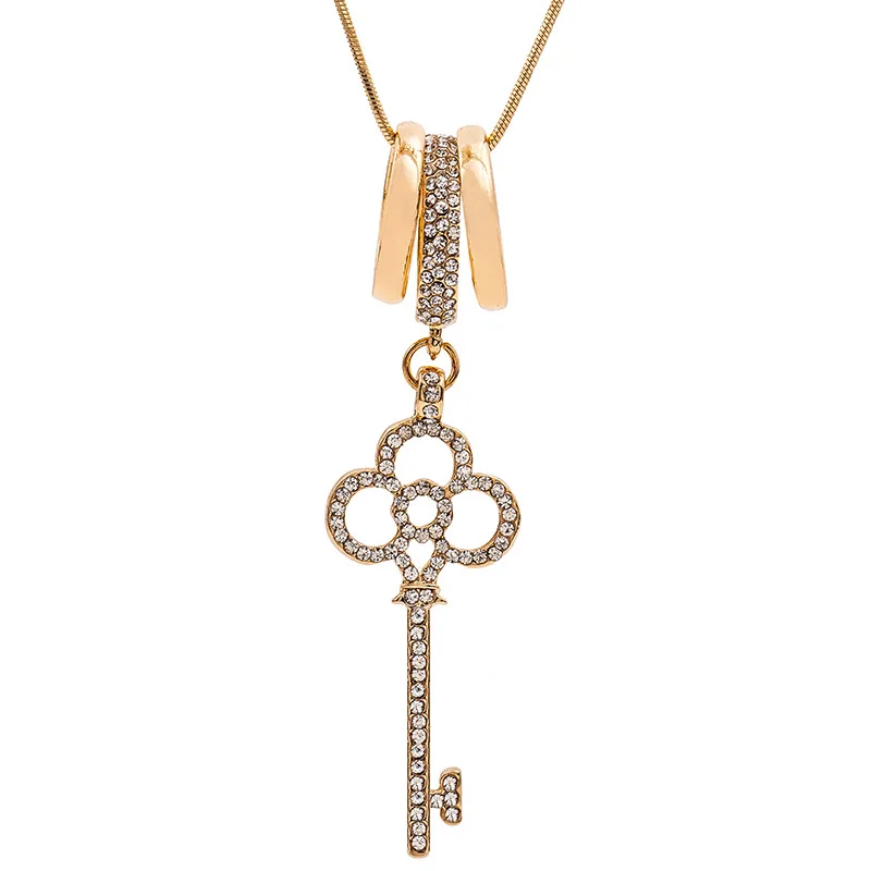 

New Style Necklace Women Fashion Luxury Crystal Key Round Pendent Necklace Hollowed-Out Long Sweater Chain Silver&Gold Necklace