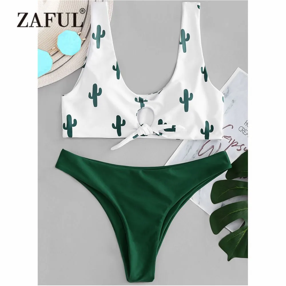  ZAFUL Cactus Knot Bikini Set Swimwear Women Swimsuit Plunging Neck Low Waist Contrast Thong Bikini 